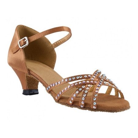 Scarpa da ballo bimba in raso flesh 5 fasce incrociate con strass, tacco 3,5 cm